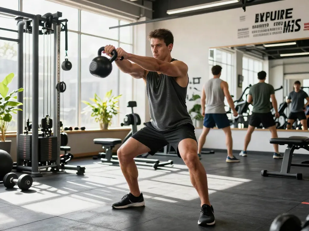 Athletic man performing kettlebell swings in a modern gym, showcasing fitness and dedication with a vibrant atmosphere.