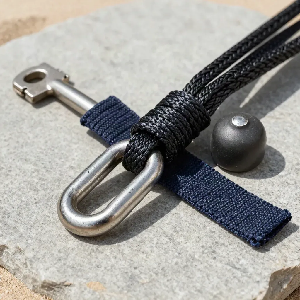 Stainless nautical rigging hardware with cord, waxed canvas, and ceramic weight on stone.