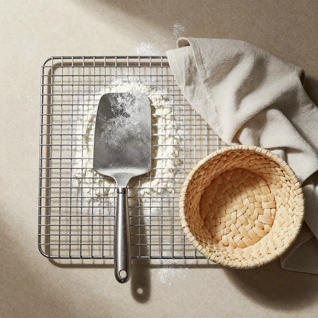 Overhead bakery still life with a cooling rack, dough scraper, linen cloth and proofing basket.