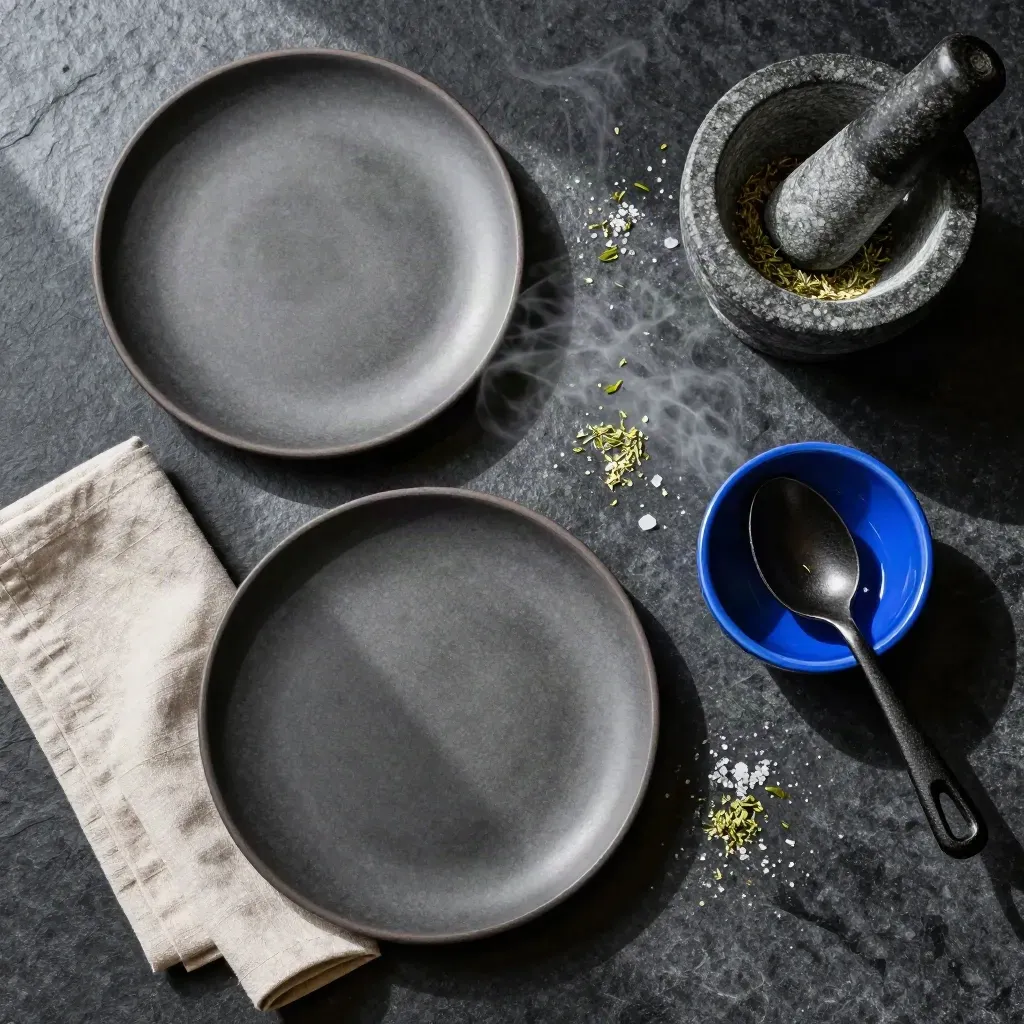 Restaurant prep flat lay with ceramic plates, linen napkins, mortar and pestle, and steam on dark stone.