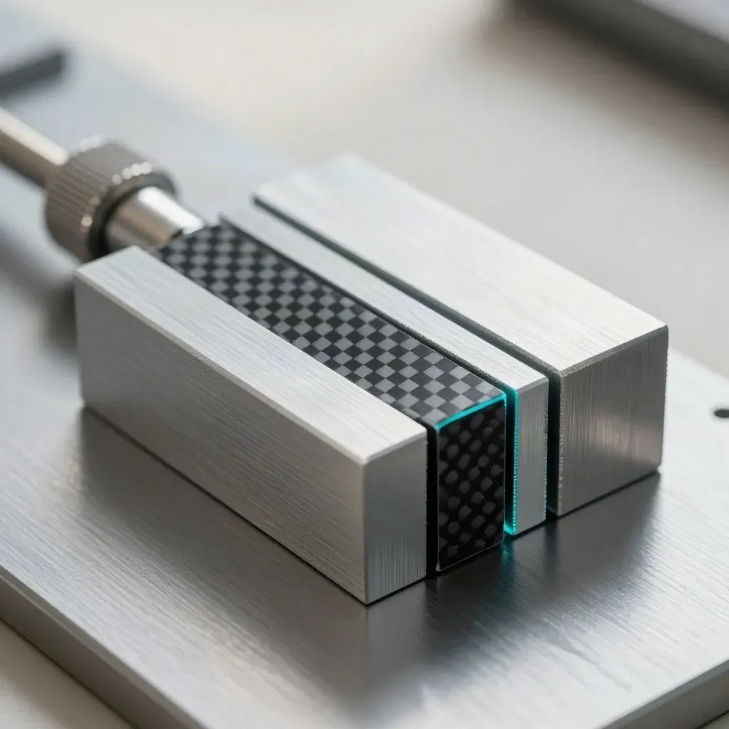 Machined aluminum blocks, knurled knob, and carbon-fiber swatch aligned on brushed metal.