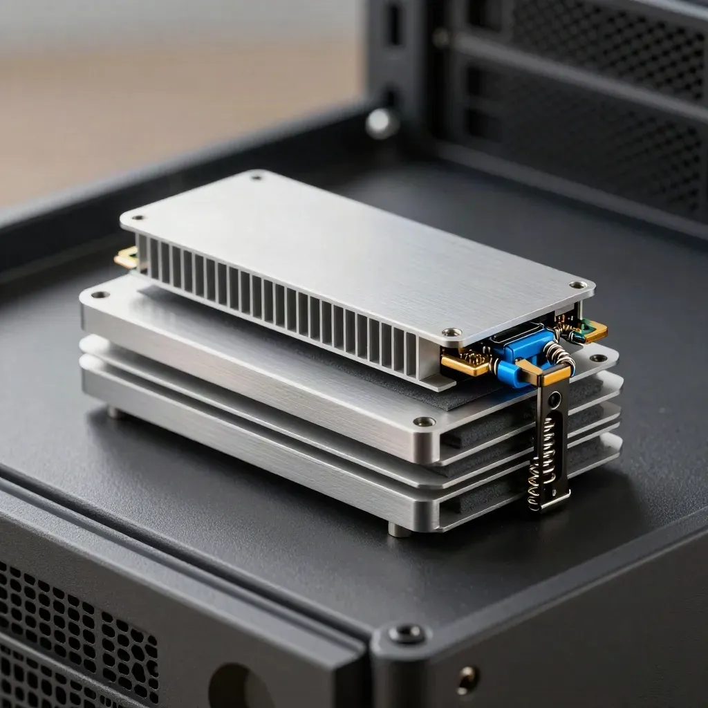 NVMe drive with heatsink, thermal pads and spring clip on a server tray