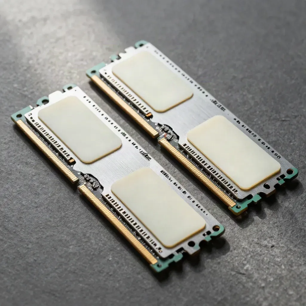 ECC RAM, heatsink, and thermal pads arranged on graphite stone under raking light.