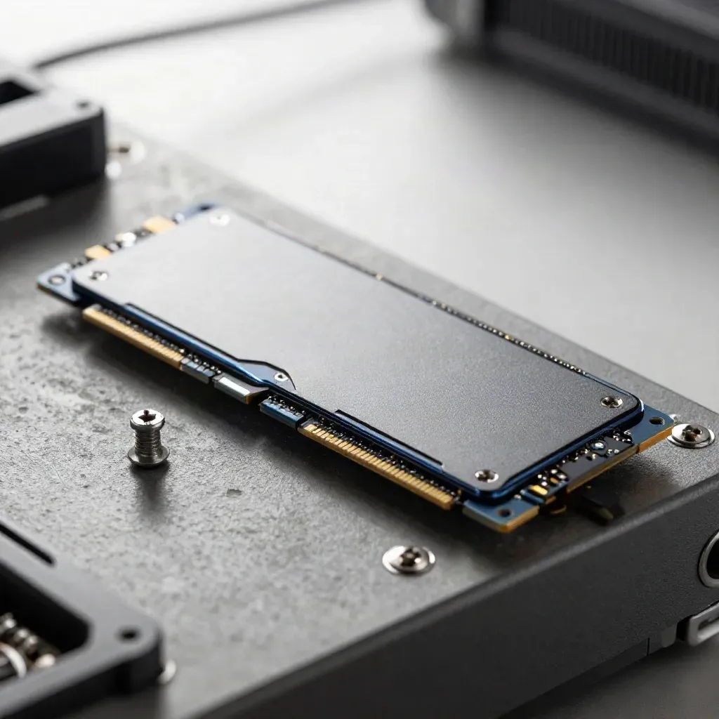 Macro of an NVMe SSD settling into a matte tray with tiny screws and a rubber mount.