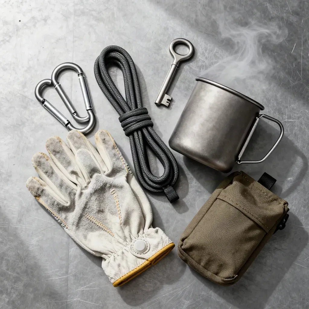 Brushed-metal flat lay of carabiners, paracord, canvas gloves and a titanium mug in cold mist.