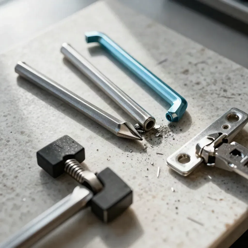 Macro view of fabrication tools and metal offcuts on travertine, with a blurred clamp in front