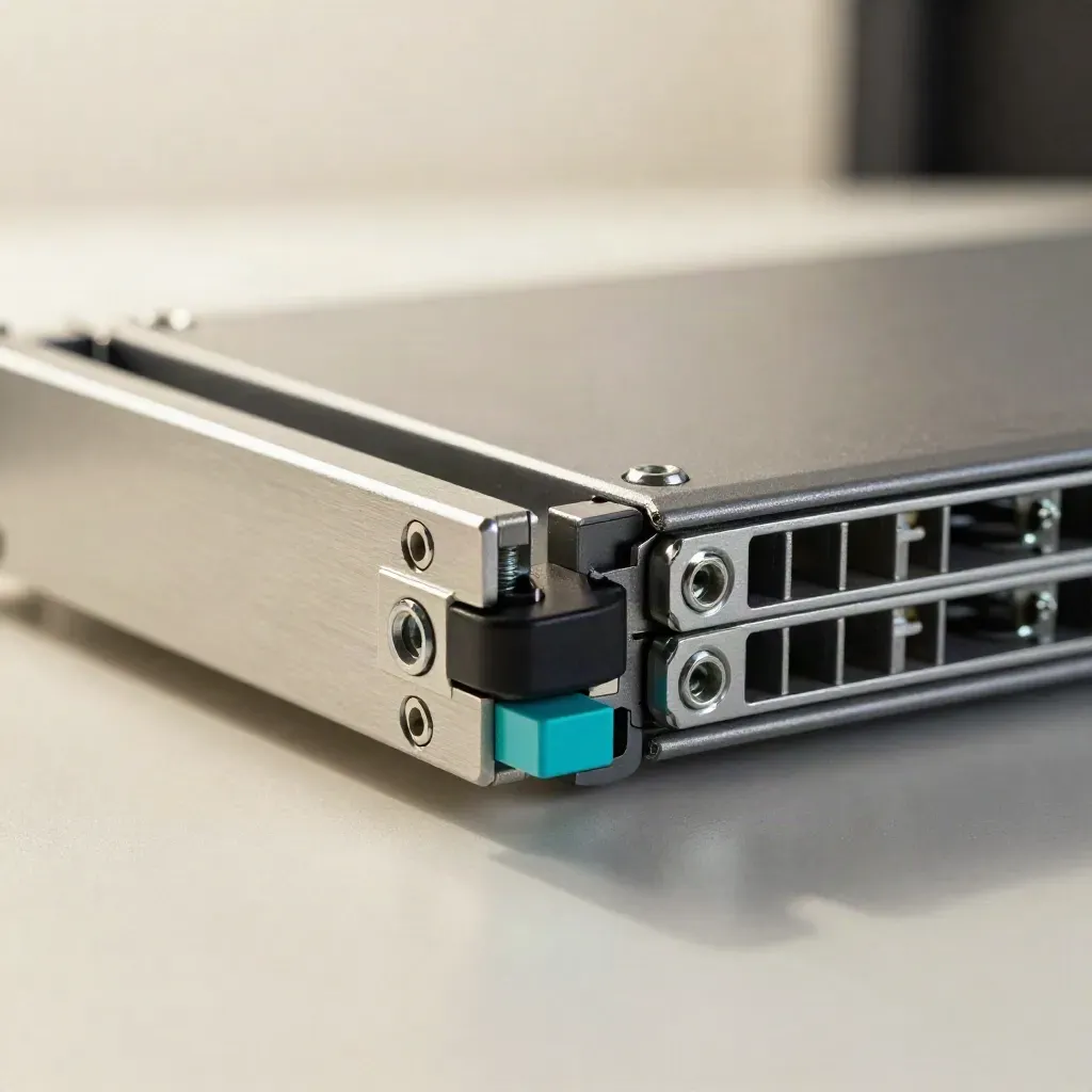 Macro of server rack rails locking beside a drive sled on a graphite shelf with cyan accent