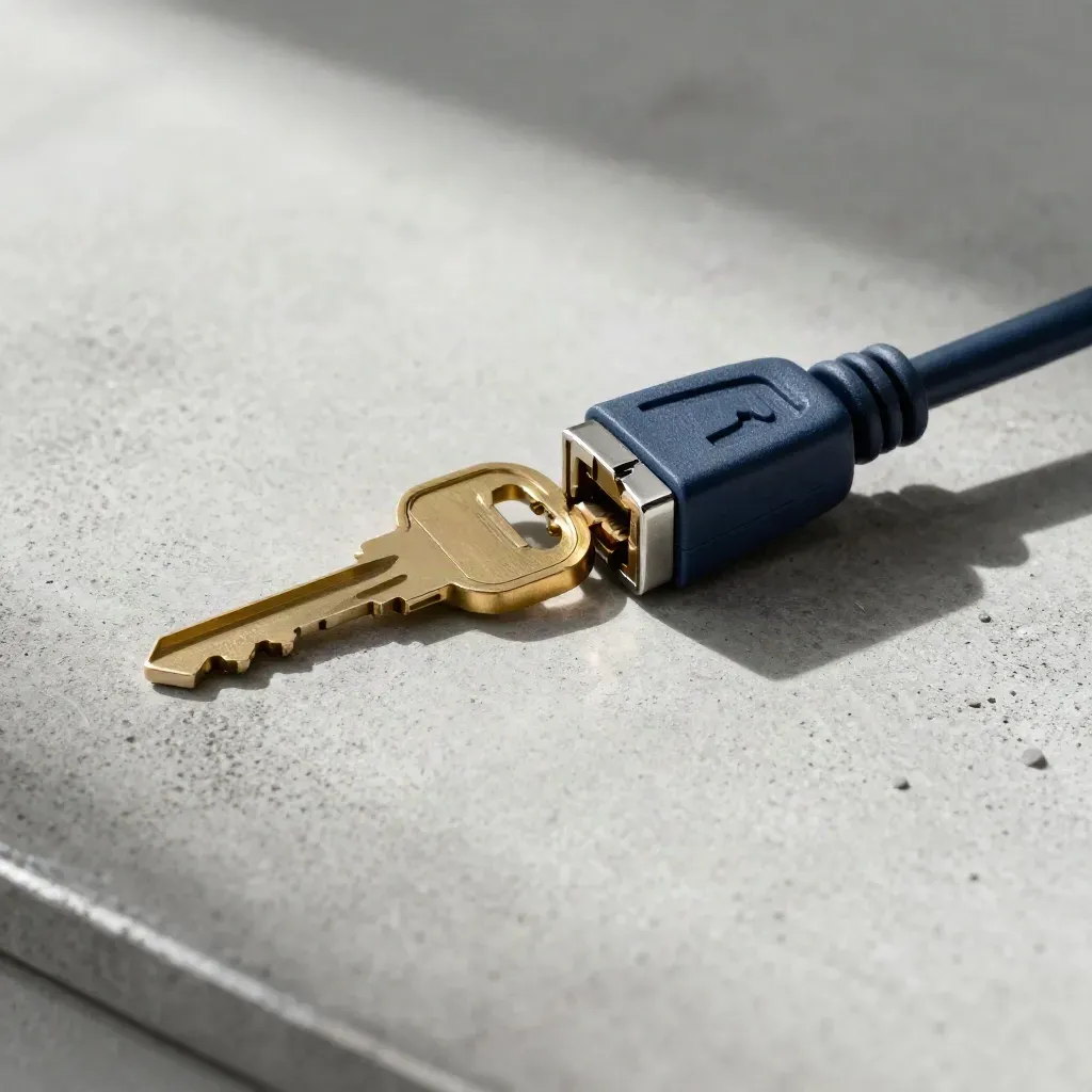 Brass key blank, RJ45 coupler and navy patch cable on pale concrete, mid-click.