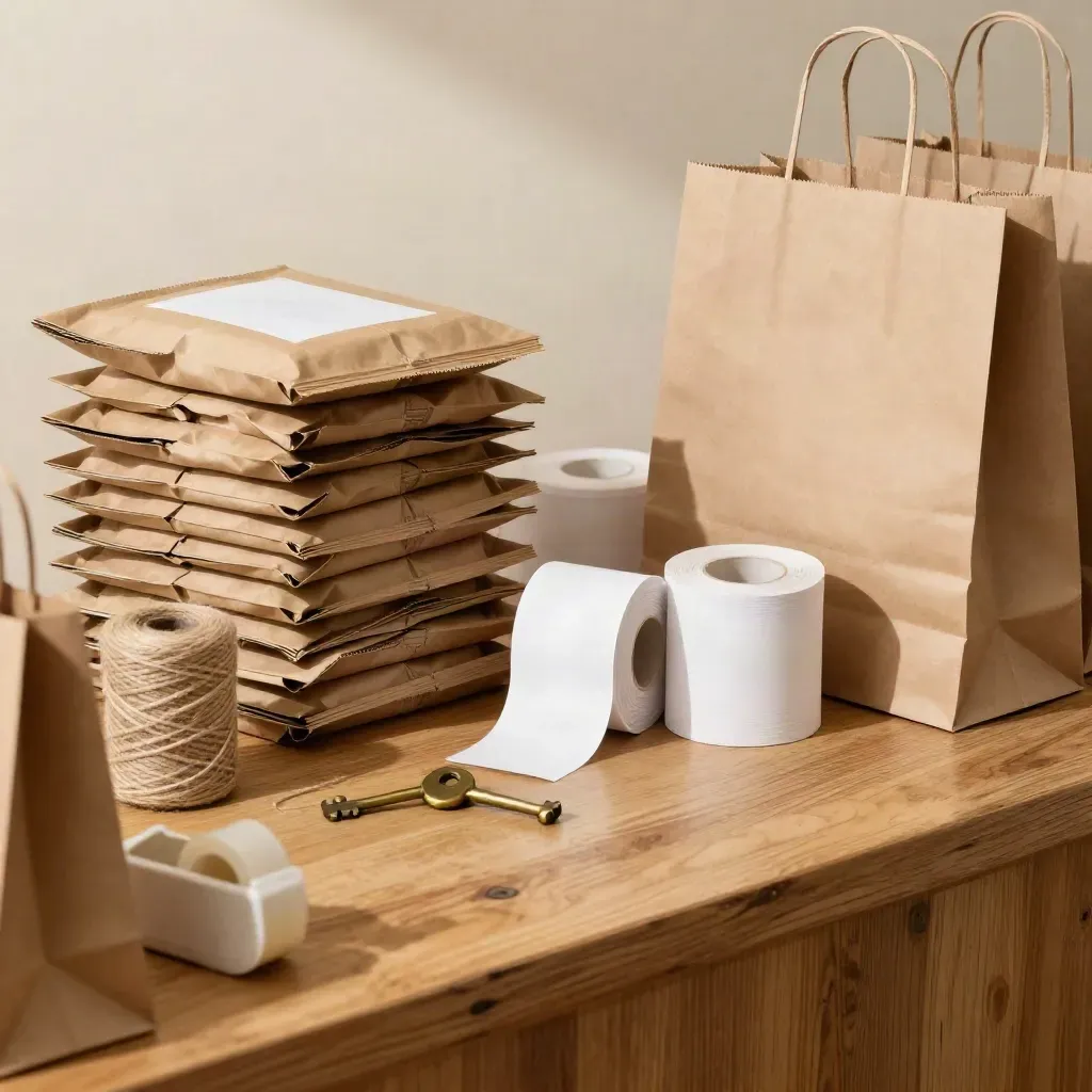 Packing station still life with mailers, label rolls, receipt rolls, bags and a brass drawer key in dramatic light.