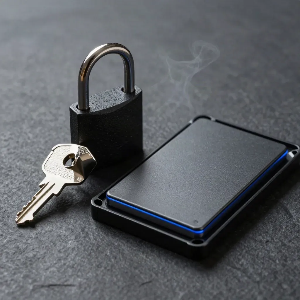 Padlock, cable coupler, and SSD in a transfer tray on dark stone