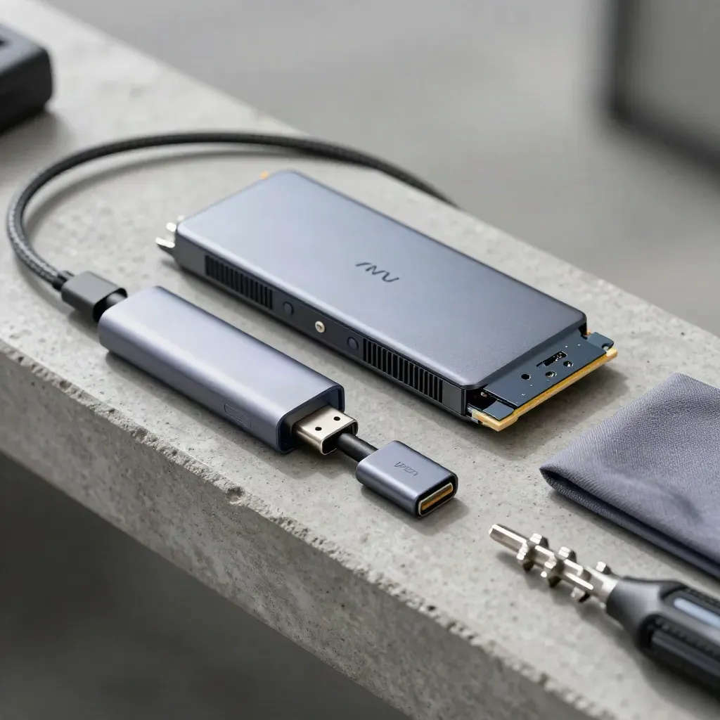 Macro still life of NVMe enclosure, USB-C hub, backup SSD and Torx set on concrete.