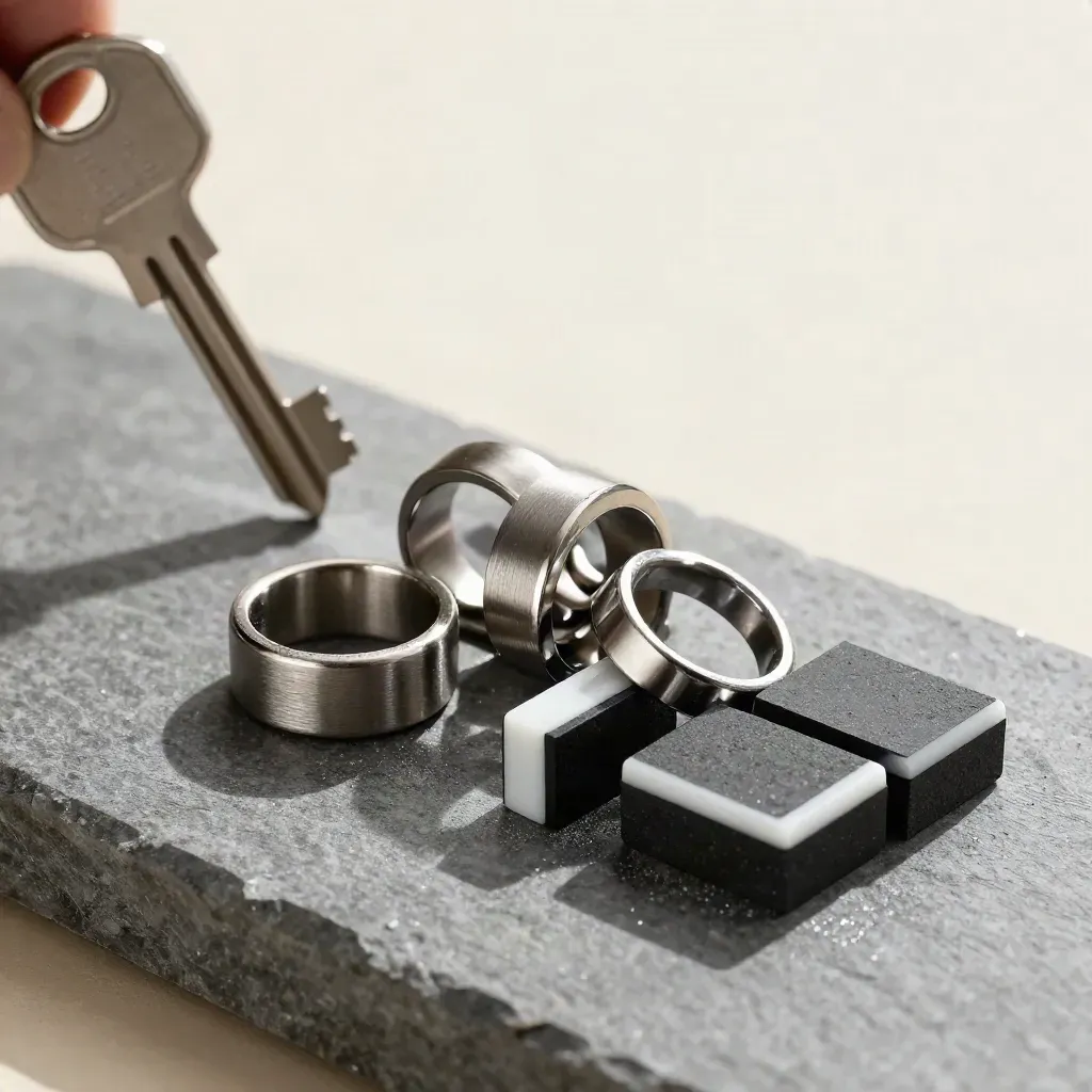 Machined rings and a magnetic coupler snap together beside graphite blocks in dramatic studio light.