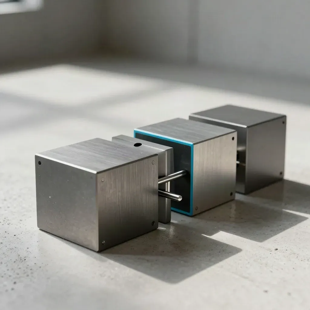 Modular blocks and linking pins on pale concrete with cool mist and cyan accent.
