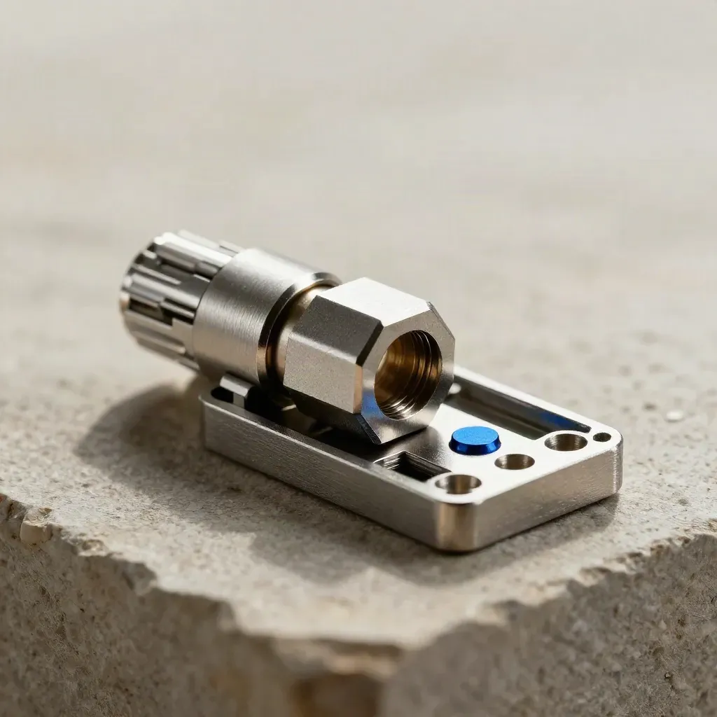 Top-down macro of a modular hex connector and steel clips on stone, aligning into a clean chain