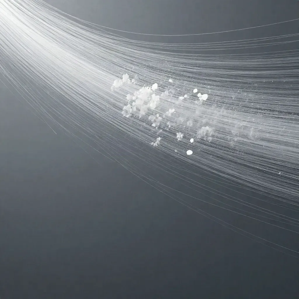 Silver filaments converge into a white bloom in graphite space with open lower area.