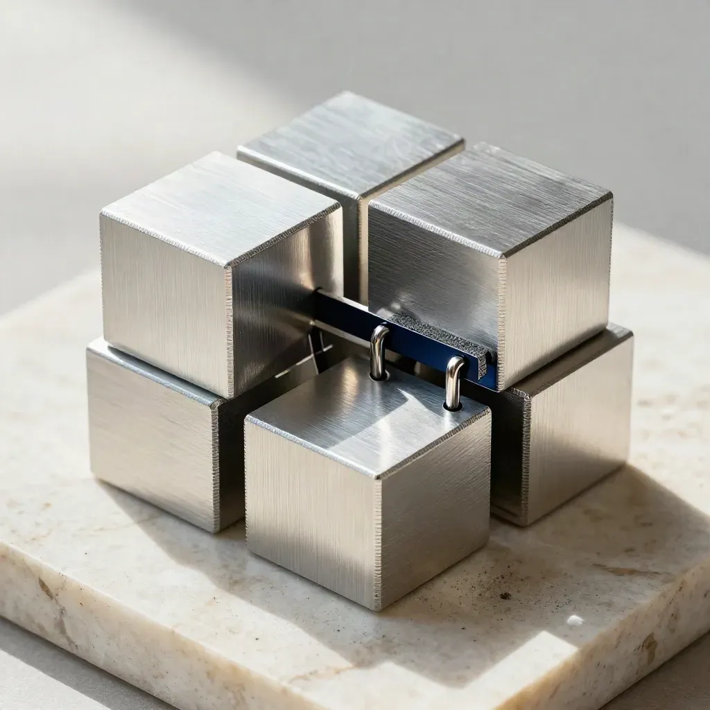 Aluminum cubes and a metal bridge on pale stone, lit by soft daylight.